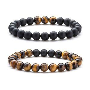 Hamoery Set of 2 Bracelets with Black Agate & Brown Tiger Eye Beads